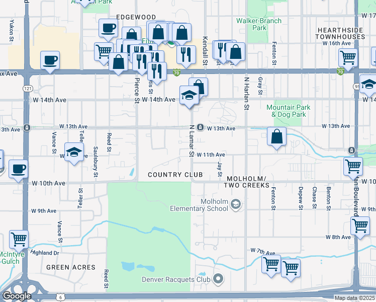 map of restaurants, bars, coffee shops, grocery stores, and more near 6427 West 11th Avenue in Lakewood