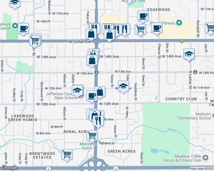 map of restaurants, bars, coffee shops, grocery stores, and more near 7411 West 12th Avenue in Lakewood