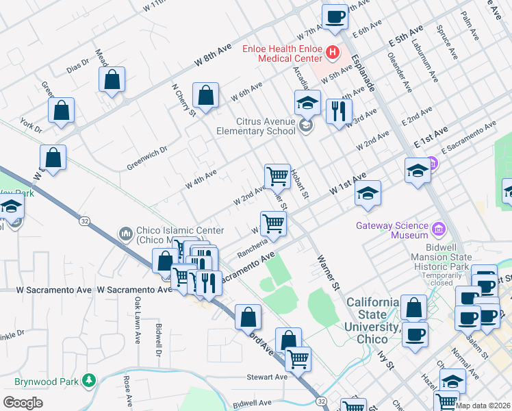 map of restaurants, bars, coffee shops, grocery stores, and more near 647 West 2nd Avenue in Chico
