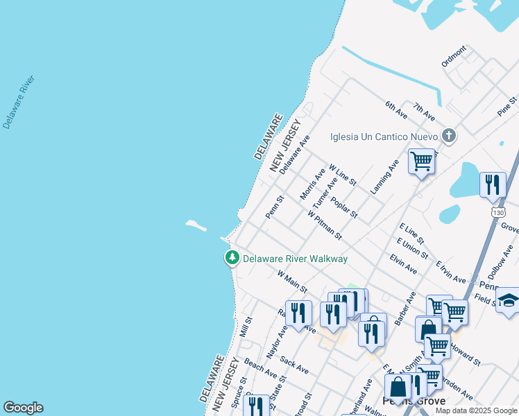 map of restaurants, bars, coffee shops, grocery stores, and more near 27 Delaware Avenue in Penns Grove