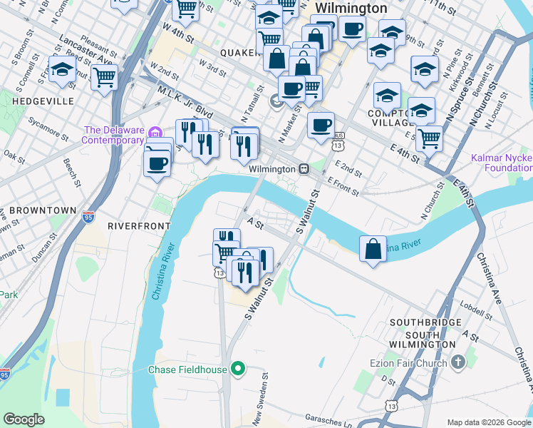 map of restaurants, bars, coffee shops, grocery stores, and more near 147 Christina Landing Drive in Wilmington