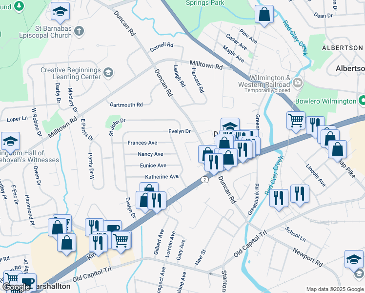 map of restaurants, bars, coffee shops, grocery stores, and more near 3712 Wild Cherry Lane in Wilmington