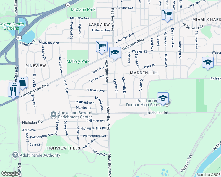 map of restaurants, bars, coffee shops, grocery stores, and more near 1223 McArthur Avenue in Dayton