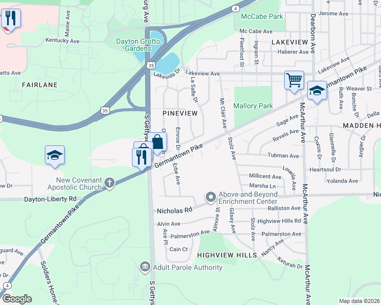 map of restaurants, bars, coffee shops, grocery stores, and more near 3346 Germantown Street in Dayton