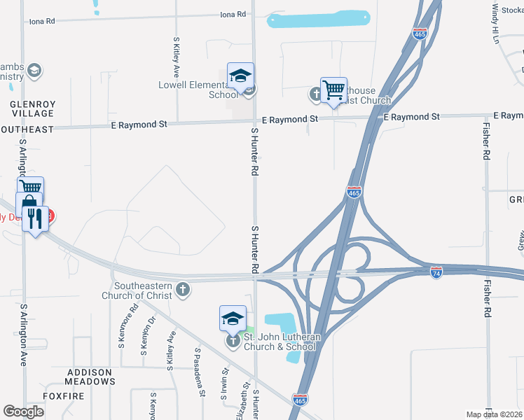 map of restaurants, bars, coffee shops, grocery stores, and more near 2325 South Hunter Road in Indianapolis