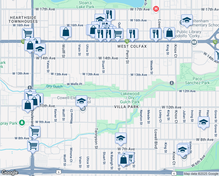 map of restaurants, bars, coffee shops, grocery stores, and more near 1201 Raleigh Street in Denver
