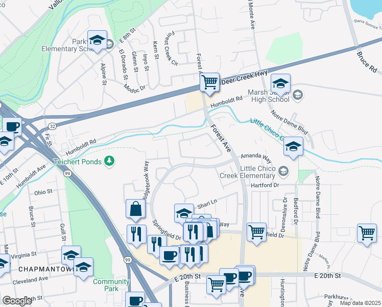 map of restaurants, bars, coffee shops, grocery stores, and more near 82 Skymountain Cir in Chico
