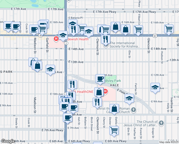 map of restaurants, bars, coffee shops, grocery stores, and more near 1210 Bellaire Street in Denver