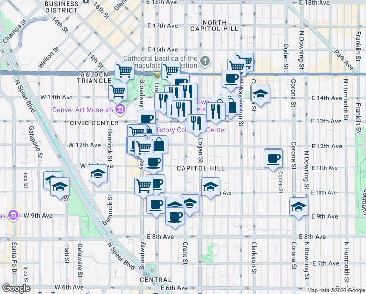 map of restaurants, bars, coffee shops, grocery stores, and more near 1196 Grant Street in Denver