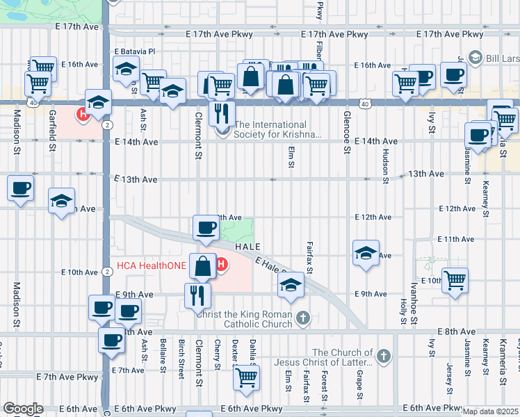 map of restaurants, bars, coffee shops, grocery stores, and more near 1220 Dahlia Street in Denver