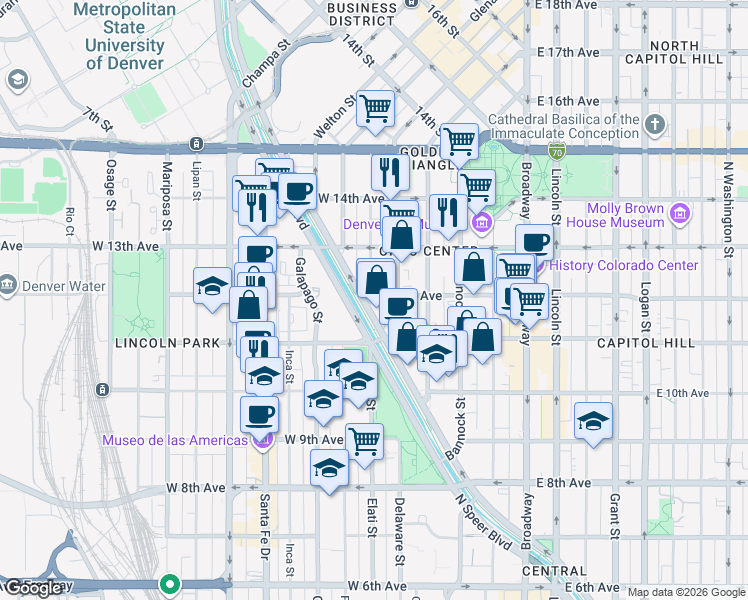 map of restaurants, bars, coffee shops, grocery stores, and more near 420 West 12th Avenue in Denver