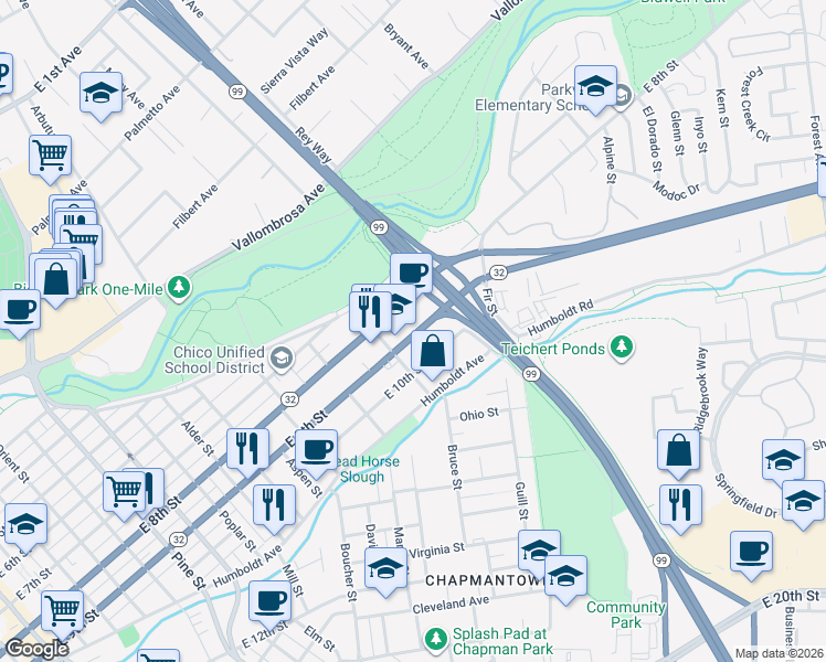map of restaurants, bars, coffee shops, grocery stores, and more near 1368 East 9th Street in Chico