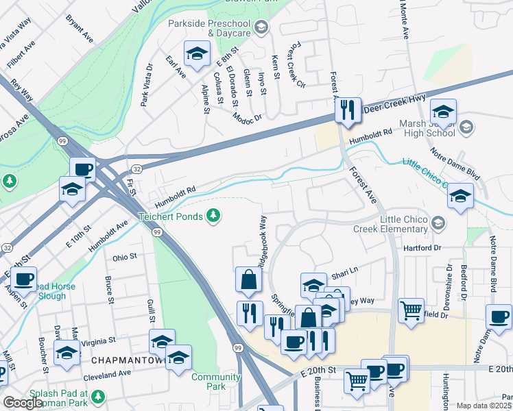 map of restaurants, bars, coffee shops, grocery stores, and more near 1422 Ridgebrook Way in Chico