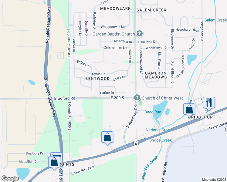 map of restaurants, bars, coffee shops, grocery stores, and more near 10836 Parker Drive in Indianapolis