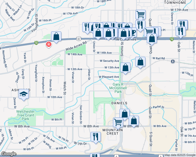 map of restaurants, bars, coffee shops, grocery stores, and more near 11970 West Pleasant Avenue in Golden