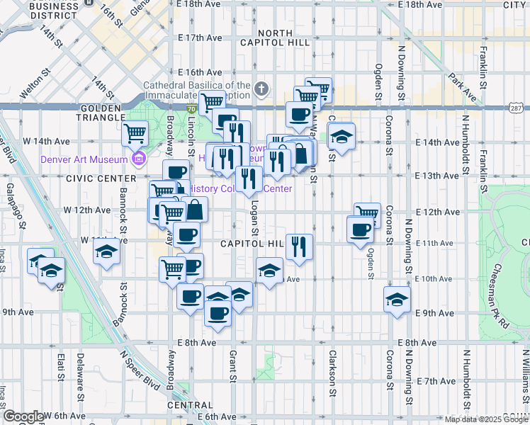 map of restaurants, bars, coffee shops, grocery stores, and more near 1170 Logan Street in Denver