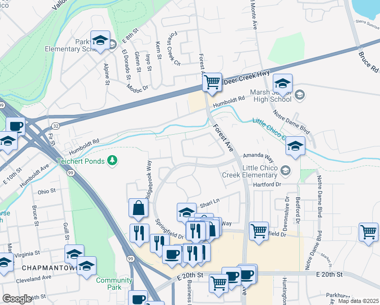 map of restaurants, bars, coffee shops, grocery stores, and more near 82 Skymountain Circle in Chico