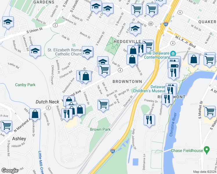 map of restaurants, bars, coffee shops, grocery stores, and more near 1104 Anchorage Street in Wilmington