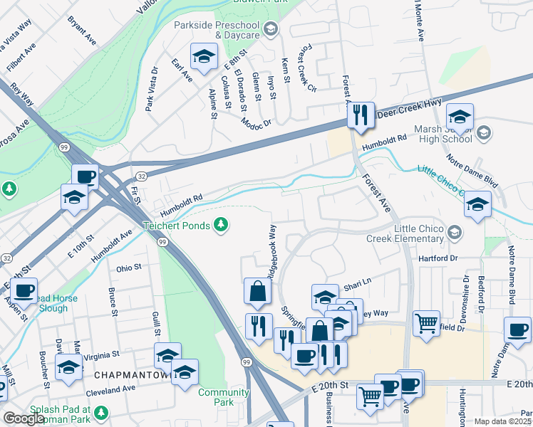 map of restaurants, bars, coffee shops, grocery stores, and more near 1422 Ridgebrook Way in Chico