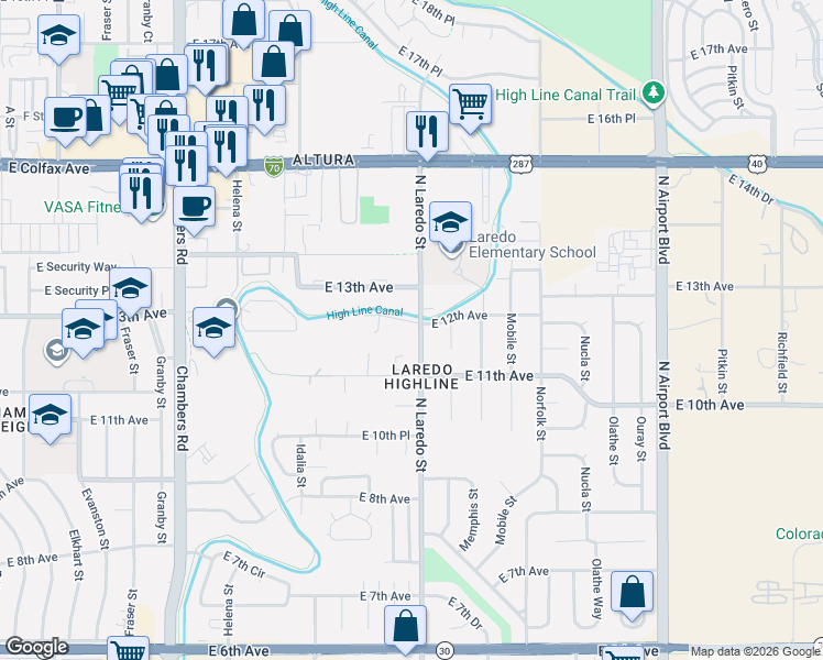 map of restaurants, bars, coffee shops, grocery stores, and more near 1181 North Laredo Street in Aurora