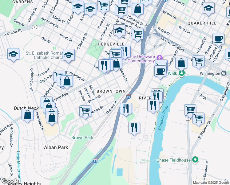 map of restaurants, bars, coffee shops, grocery stores, and more near 817 Wright Street in Wilmington