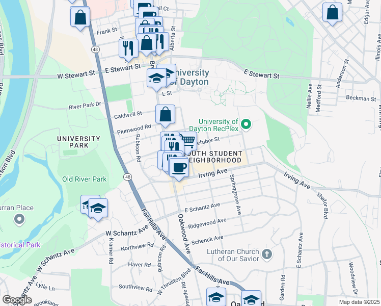 map of restaurants, bars, coffee shops, grocery stores, and more near 301 Lowes Street in Dayton