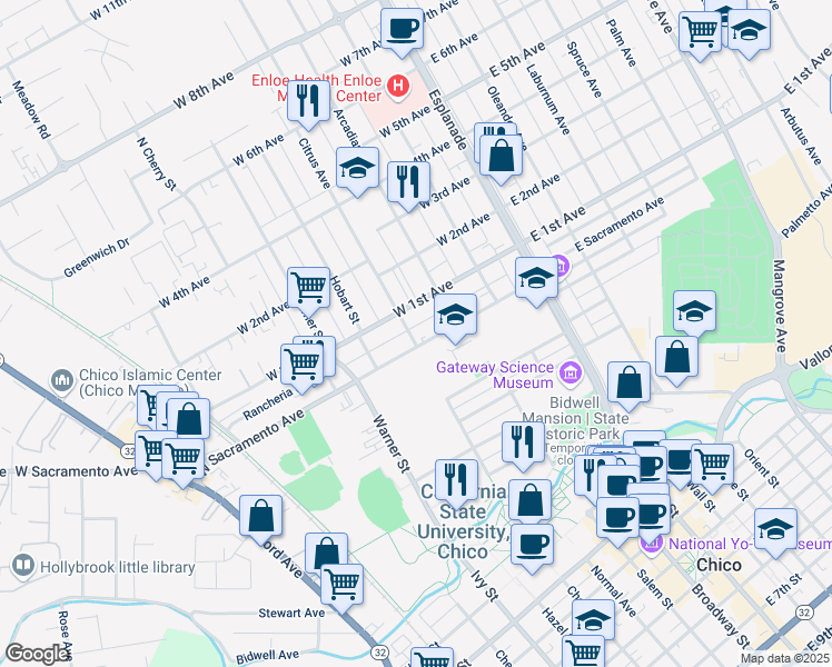map of restaurants, bars, coffee shops, grocery stores, and more near 348 West Sacramento Avenue in Chico