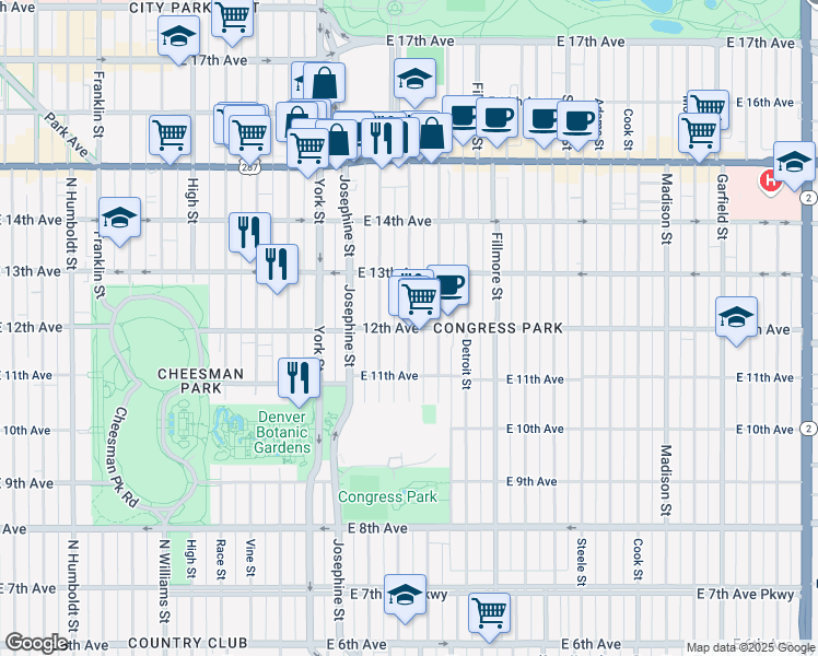 map of restaurants, bars, coffee shops, grocery stores, and more near East 12th Avenue & Elizabeth Street in Denver