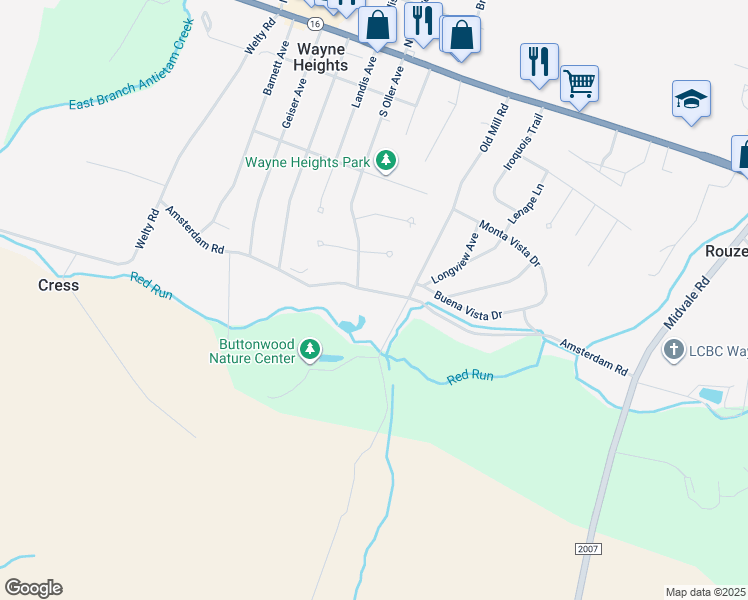 map of restaurants, bars, coffee shops, grocery stores, and more near 10268 Amsterdam Road in Waynesboro