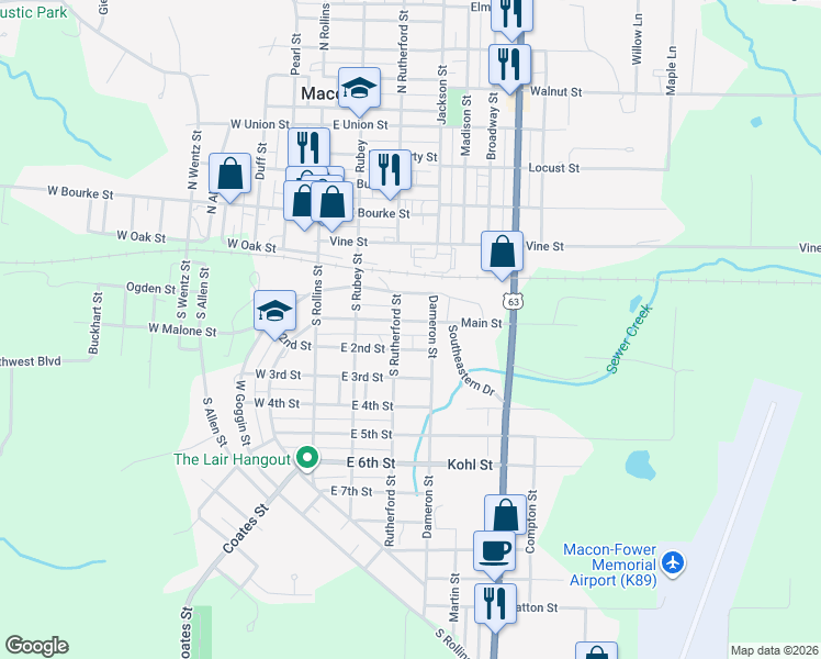 map of restaurants, bars, coffee shops, grocery stores, and more near 308 Main Street in Macon