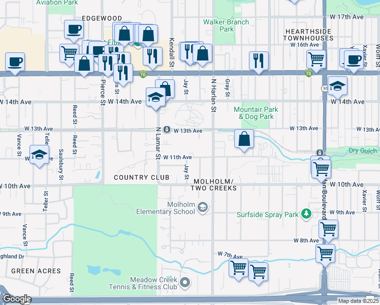 map of restaurants, bars, coffee shops, grocery stores, and more near 6105 West 11th Avenue in Lakewood