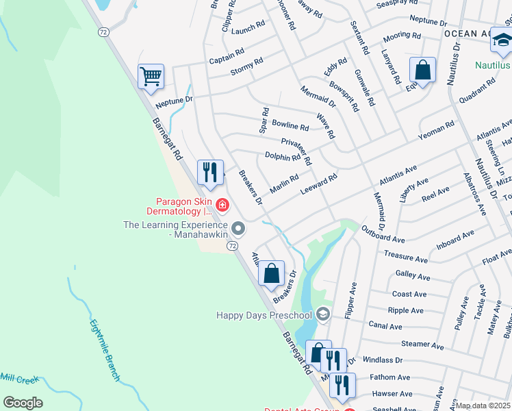 map of restaurants, bars, coffee shops, grocery stores, and more near 1595 Breakers Drive in Stafford Township