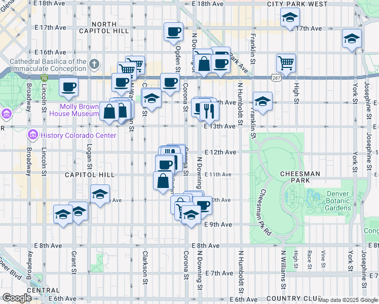 map of restaurants, bars, coffee shops, grocery stores, and more near 1170 Corona Street in Denver