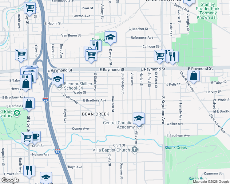 map of restaurants, bars, coffee shops, grocery stores, and more near 2335 Dawson Street in Indianapolis