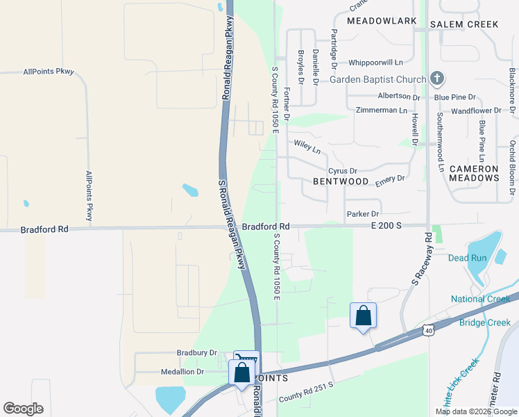 map of restaurants, bars, coffee shops, grocery stores, and more near 1932 South County Road 1050 East in Indianapolis