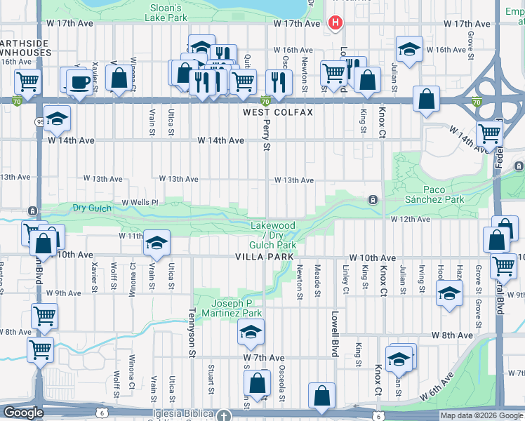 map of restaurants, bars, coffee shops, grocery stores, and more near 1200 Perry Street in Denver