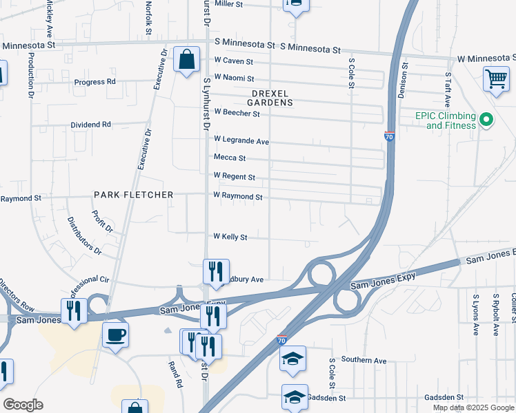 map of restaurants, bars, coffee shops, grocery stores, and more near 5100 West Raymond Street in Indianapolis