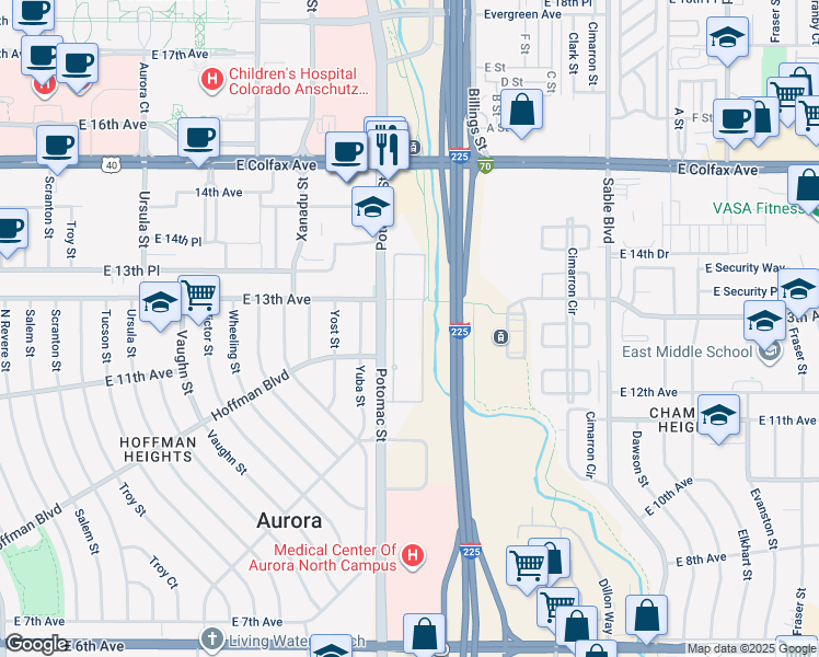 map of restaurants, bars, coffee shops, grocery stores, and more near 13741 East Richthofen Circle in Aurora