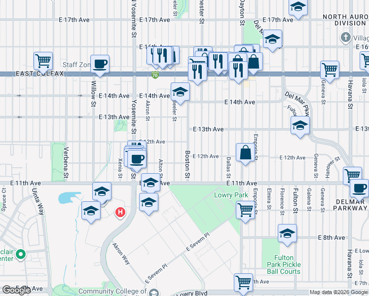 map of restaurants, bars, coffee shops, grocery stores, and more near 1210 Boston Street in Aurora