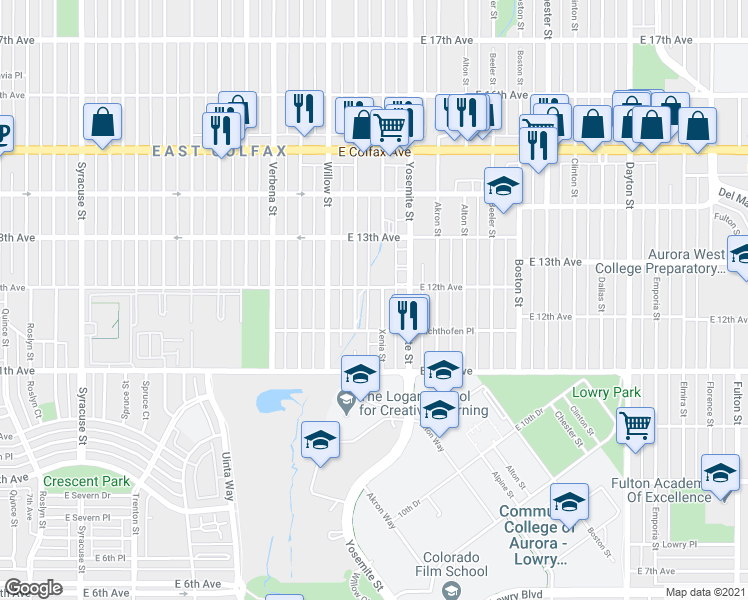 map of restaurants, bars, coffee shops, grocery stores, and more near 1167 Xenia Street in Denver