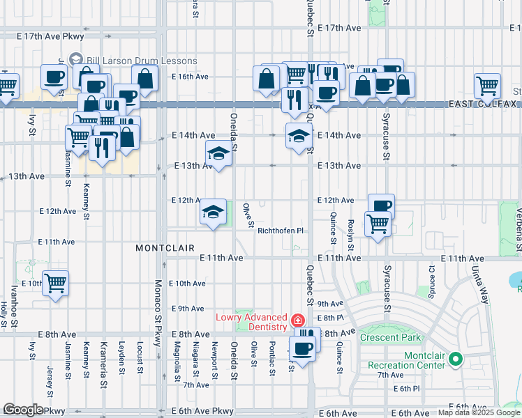 map of restaurants, bars, coffee shops, grocery stores, and more near 1170 Olive Street in Denver