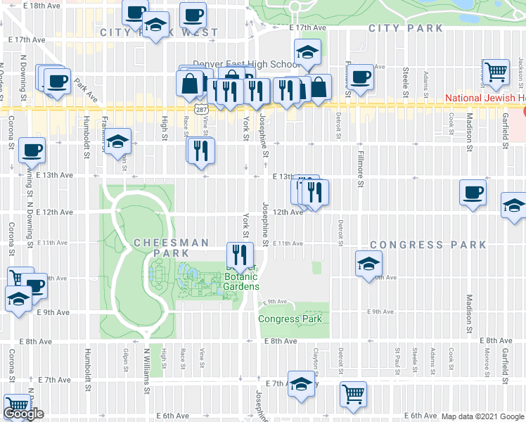 map of restaurants, bars, coffee shops, grocery stores, and more near in Denver