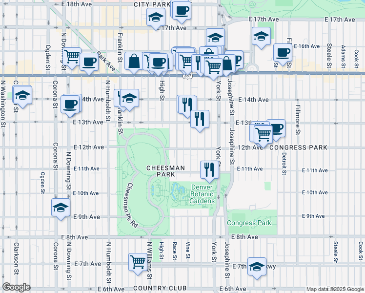 map of restaurants, bars, coffee shops, grocery stores, and more near in Denver