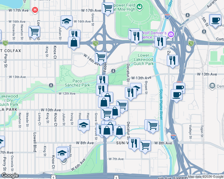 map of restaurants, bars, coffee shops, grocery stores, and more near 1200 Federal Boulevard in Denver