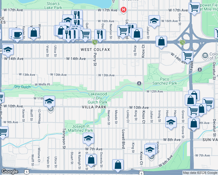 map of restaurants, bars, coffee shops, grocery stores, and more near 1203 Newton St in Denver