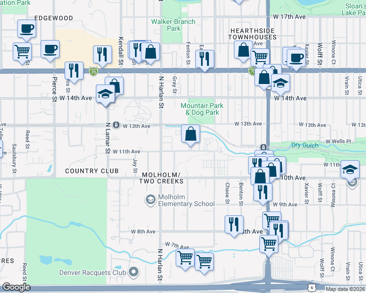 map of restaurants, bars, coffee shops, grocery stores, and more near 5717 West 11th Avenue in Denver