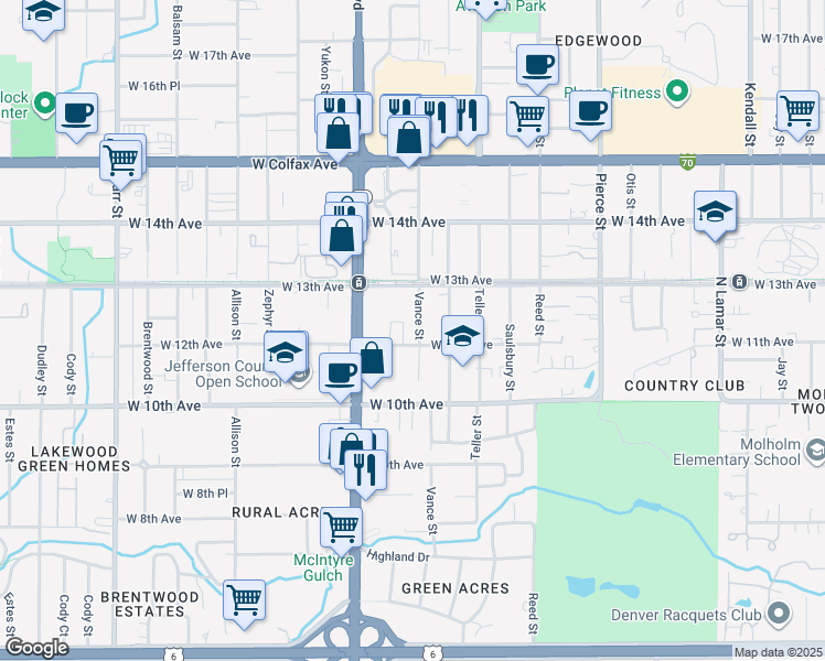 map of restaurants, bars, coffee shops, grocery stores, and more near 7411 West 12th Avenue in Lakewood