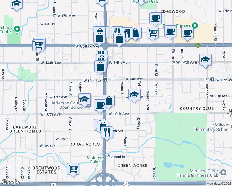 map of restaurants, bars, coffee shops, grocery stores, and more near 7411 West 12th Avenue in Lakewood