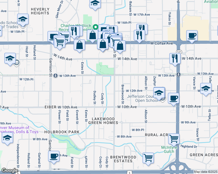 map of restaurants, bars, coffee shops, grocery stores, and more near 1107 Carr Street in Lakewood