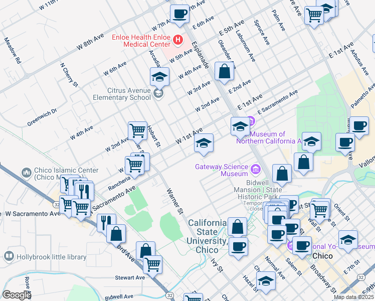 map of restaurants, bars, coffee shops, grocery stores, and more near 348 West Sacramento Avenue in Chico